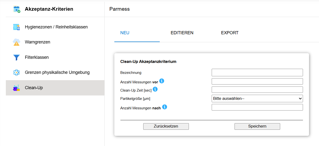 Screenshot konfigurierbarer Akzeptanzkriterien für Tests zur Cleanup-Dauer.